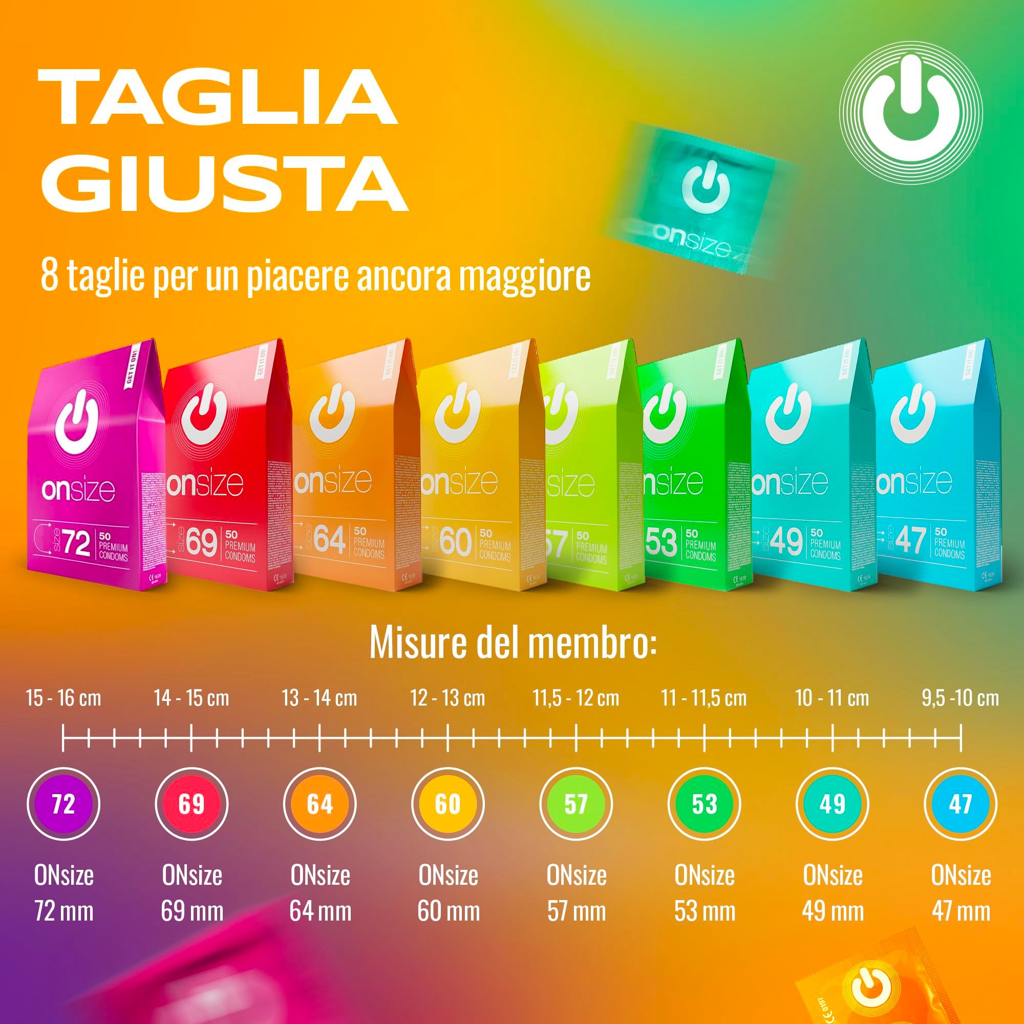 Confezione ONsize 60mm, 50 preservativi premium. Testo: La taglia giusta. Circonferenza 12-13 cm.