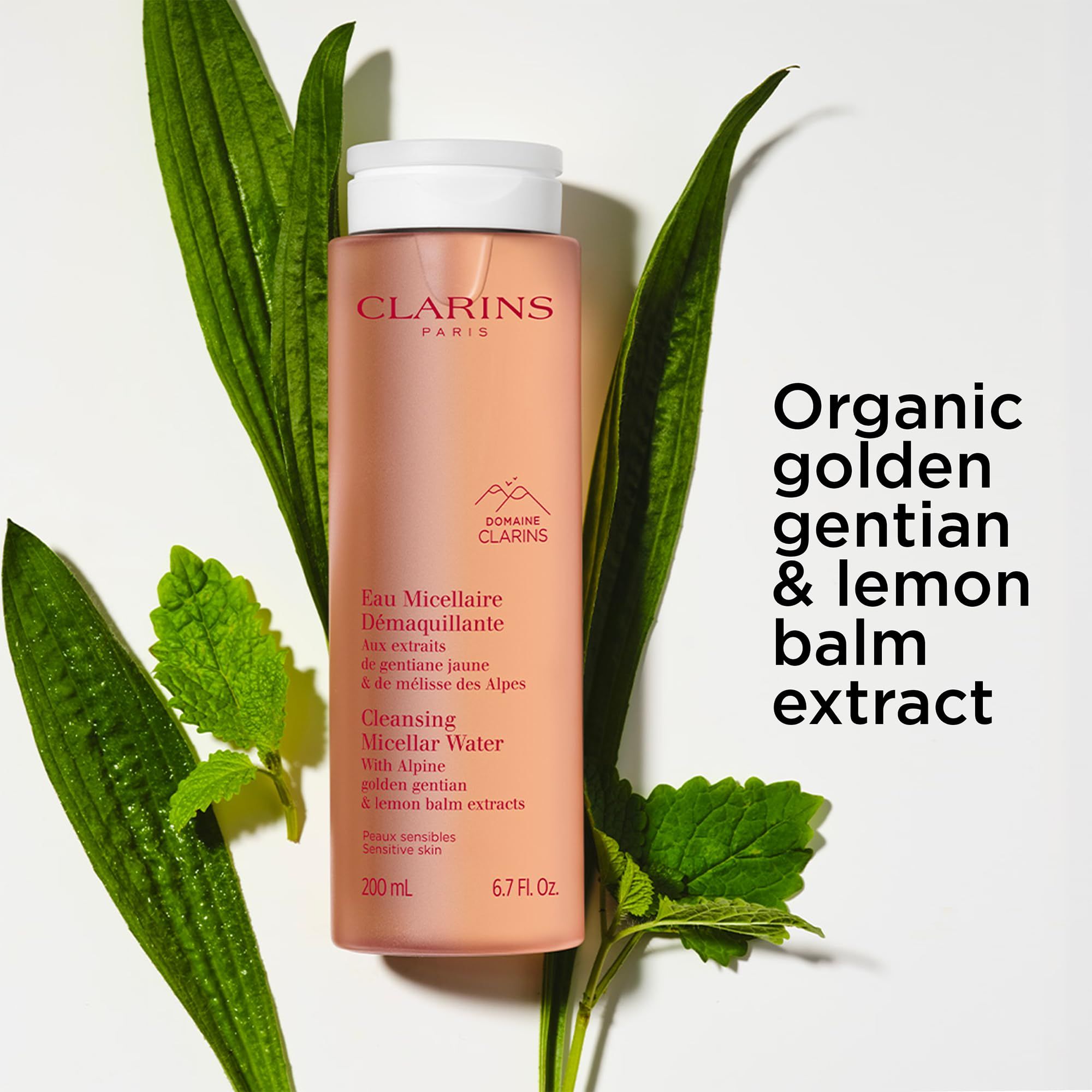 Flacone rosa con foglie. Testo: Clarins, Eau Micellaire Démaquillante. Con estratto di genziana dorata e melissa.