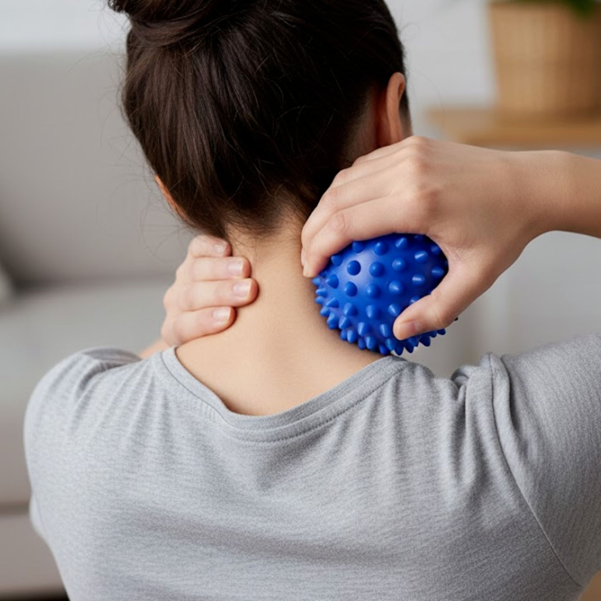 Persona che tiene una palla da massaggio blu con punte sul collo. T-shirt grigia. Primo piano. Ambiente luminoso.