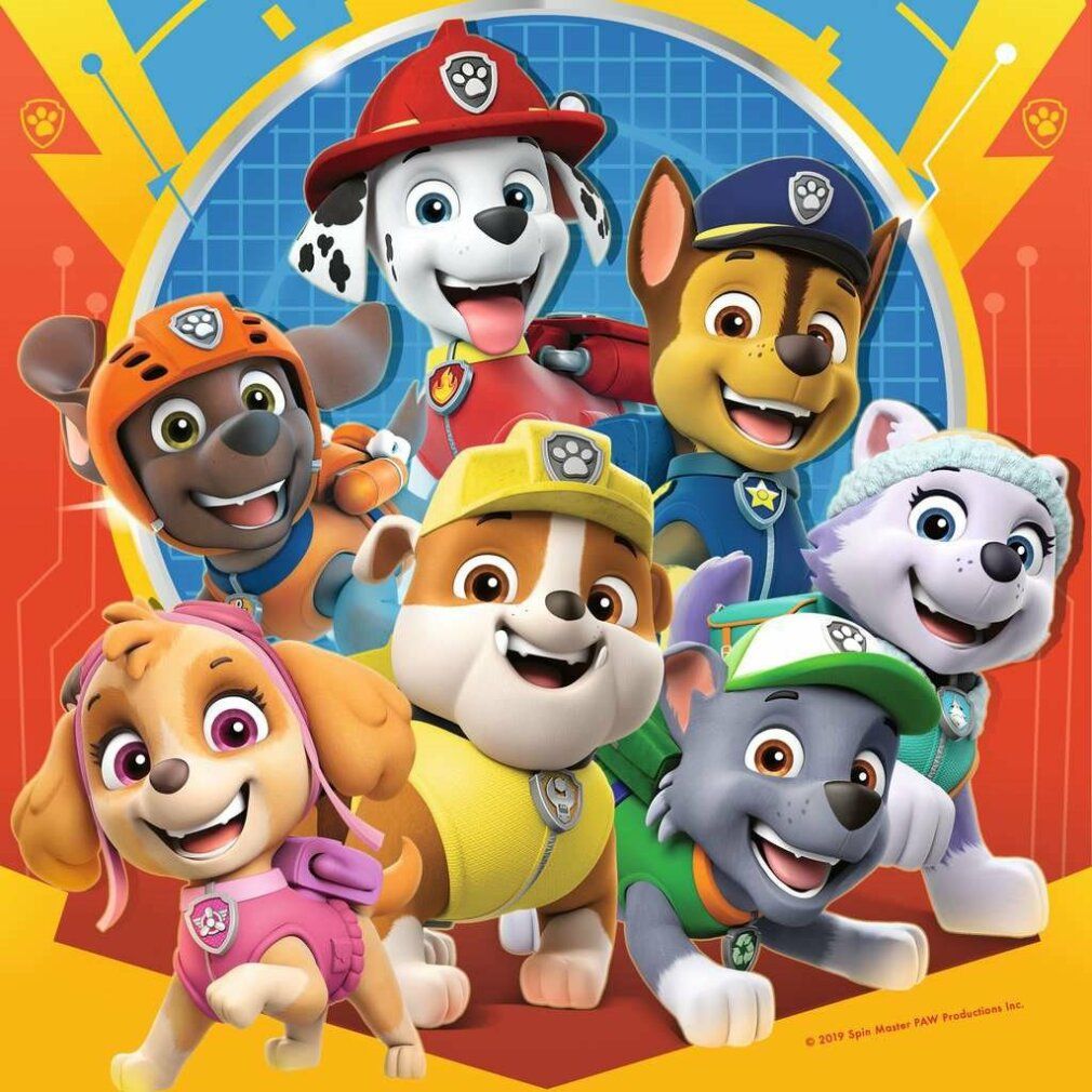 Motivo puzzle con tutti i personaggi Paw Patrol. Rappresentazione colorata dei cani. Sfondo con forme geometriche.