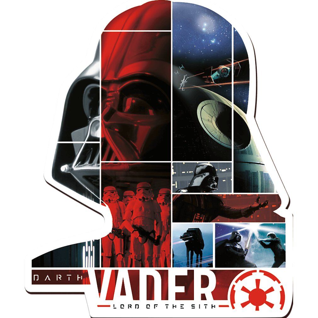 Puzzle di Darth Vader. Puzzle in legno a forma di Darth Vader. Diverse scene di Star Wars. Schema di colori rosso e nero.