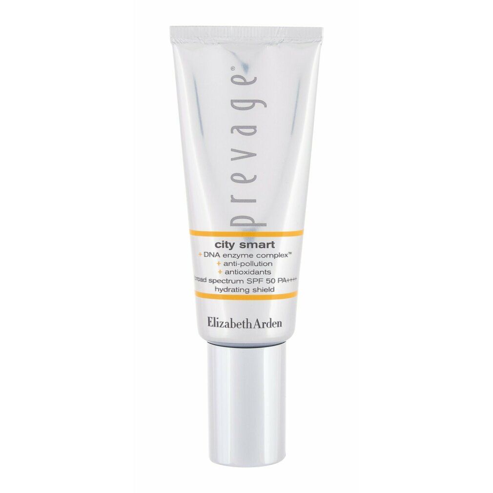 Tubo argentato Elizabeth Arden Prevage City Smart SPF 50. Testo: City Smart, DNA Enzyme Complex, Anti-pollution, SPF 50.