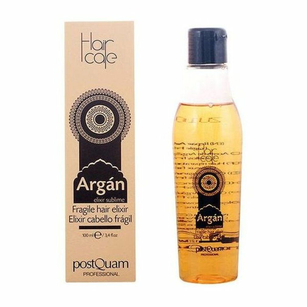 Flacone e confezione. Flacone con olio giallo, tappo nero. Confezione: Argán, Fragile hair elixir, PostQuam.