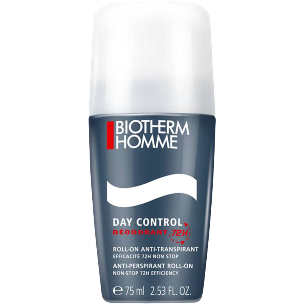 Roll-on deodorante blu. Tappo bianco. BIOTHERM HOMME, DAY CONTROL, 72H. Anti-traspirante. 75 ml.