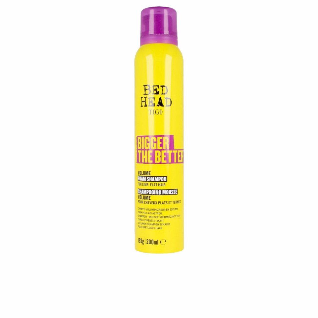 Flacone giallo Tigi Bed Head Volume Foam Shampoo con tappo viola. Testo: Bigger The Better, Volume Foam Shampoo, 193g/200ml.
