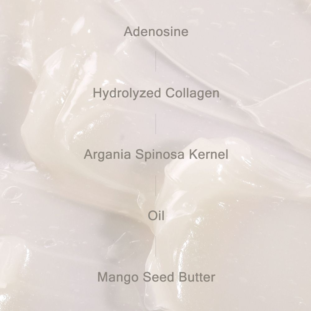 Primo piano della crema con testo: Adenosina, Collagene idrolizzato, Olio di nocciolo di Argania Spinosa, Burro di semi di mango.