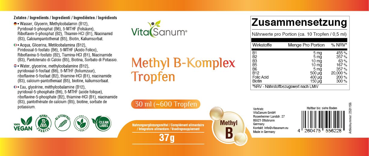 Etichetta con nome del prodotto, logo e ingredienti. Striscia arancione con testo. Sigillo vegano. Gocce.