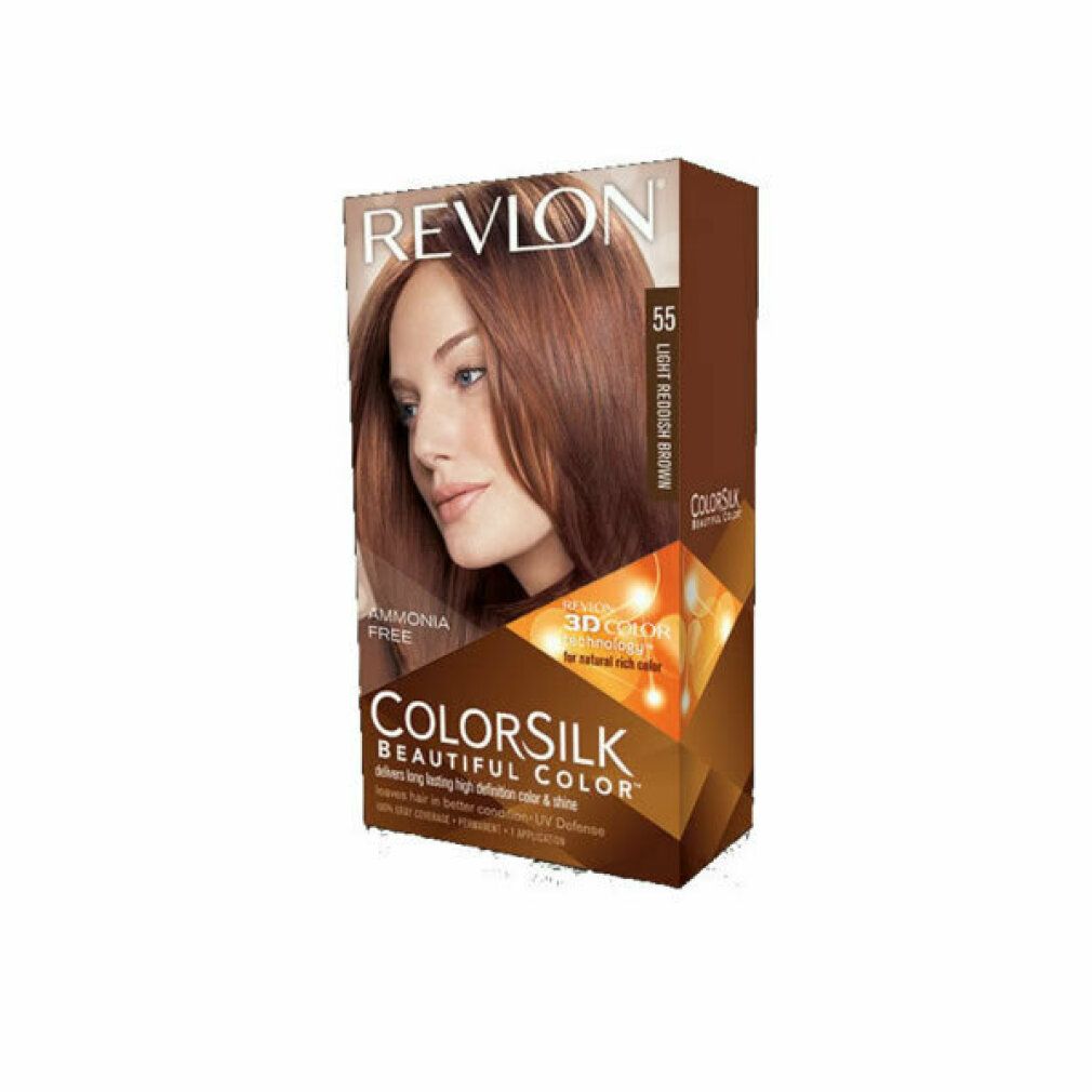 Confezione Revlon Colorsilk 55 Light Reddish Brown. Tecnologia 3D Color Gel. Immagine di donna con capelli tinti.