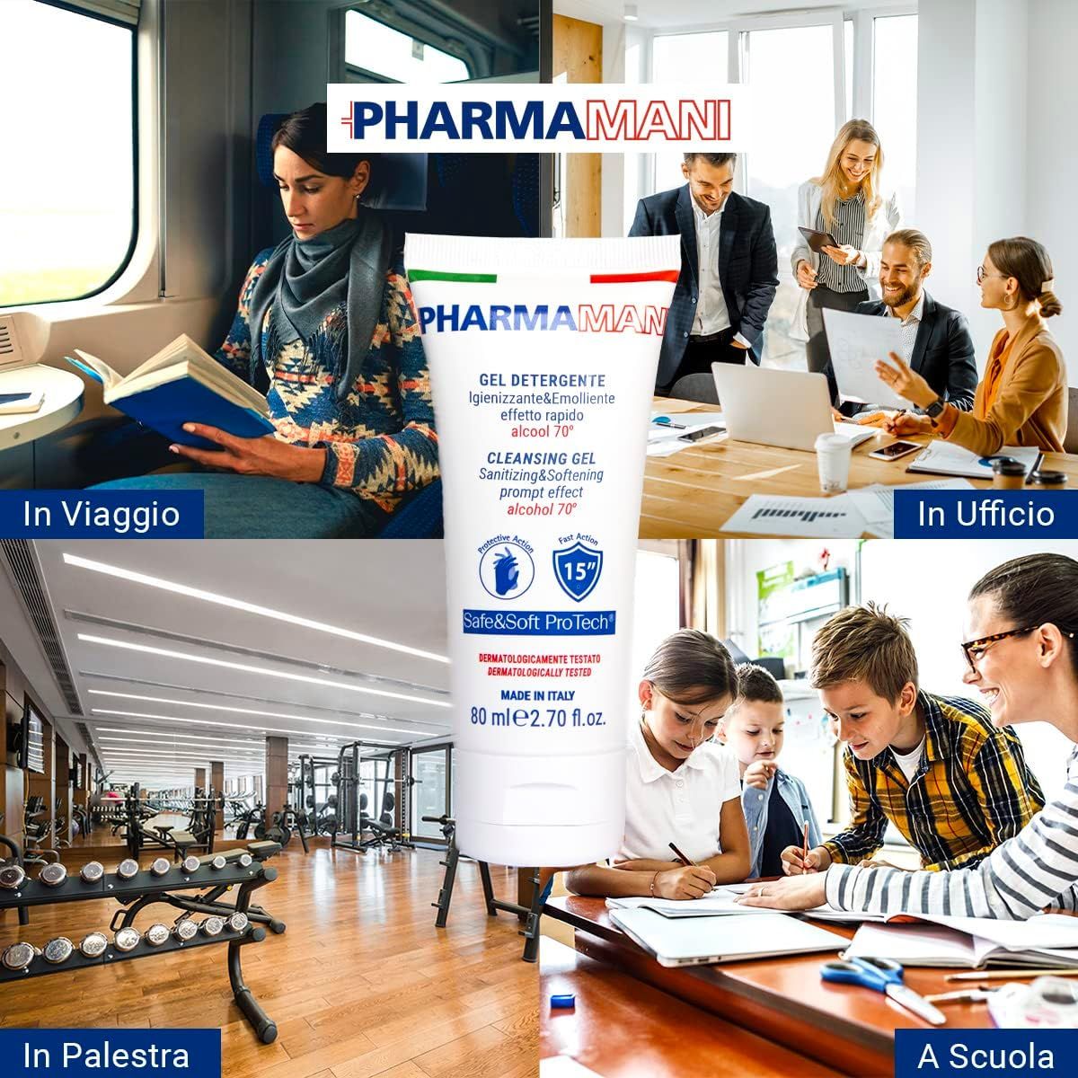 Collage: Tubo PHARMAMANI in vari ambienti: treno, ufficio, palestra, scuola. Testo: Gel Detergente Igienizzante.