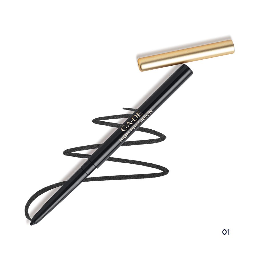 Eyeliner nero con cappuccio dorato aperto. Linea nera accanto. Scritta: GA-DE HIGH PRECISION.