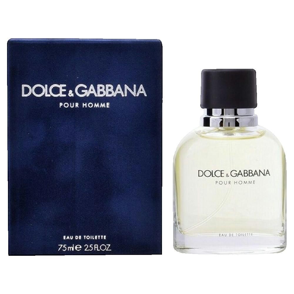 Dolce&Gabbana Pour Homme Eau de Toilette, flacone e confezione. Flacone con tappo nero, confezione blu.