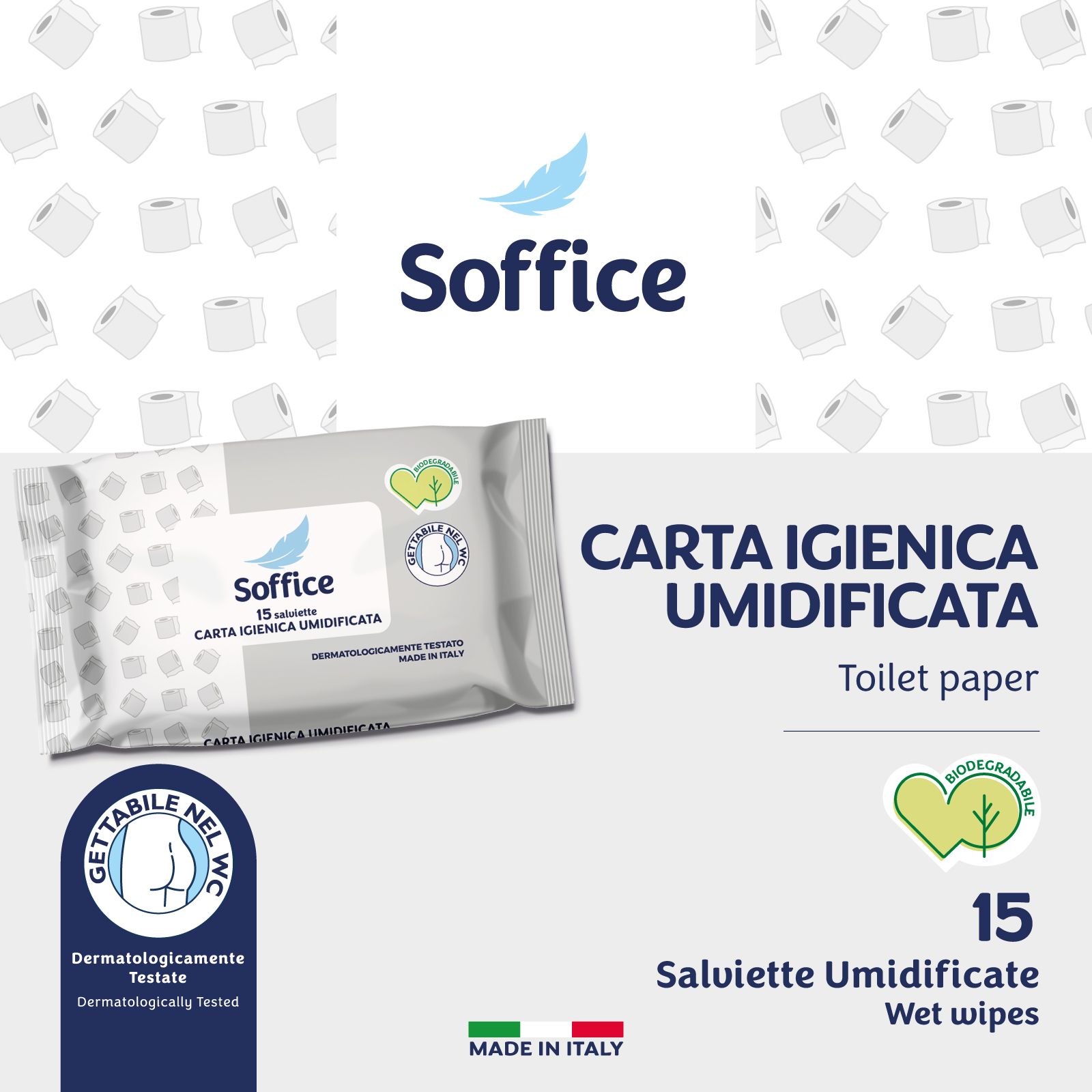 Confezione "Soffice" "Carta Igienica Umidificata". 15 salviette umidificate. Sfondo con carta igienica.