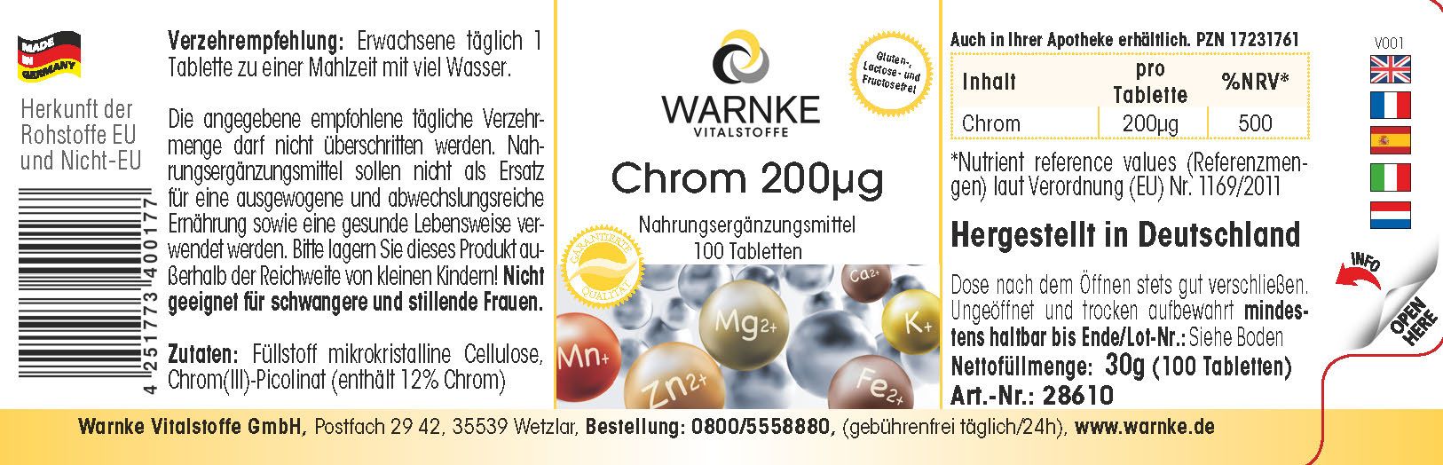 Etichetta di un flacone. Scritta: Warnke Vitalstoffe Chrom 200µg. 100 compresse. Informazioni nutrizionali. Prodotto in Germania.