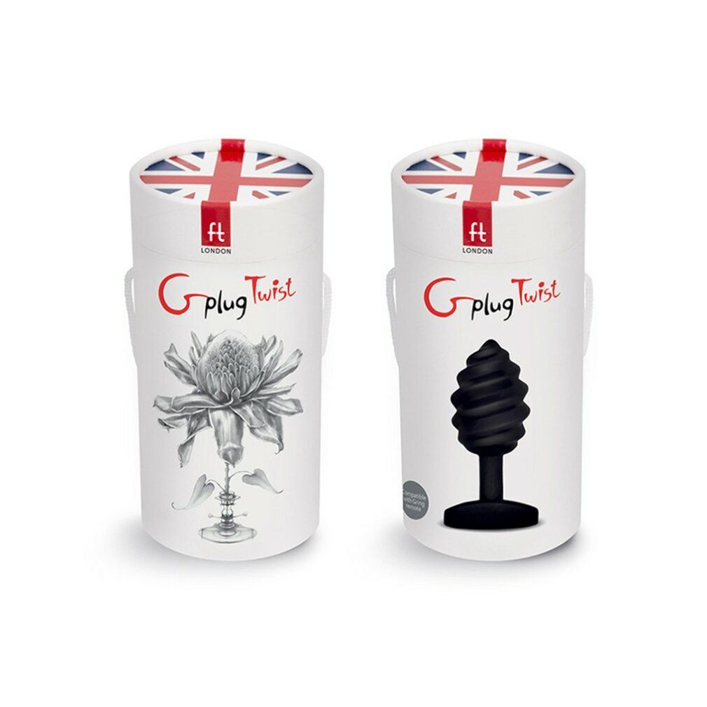 Due confezioni cilindriche. Stampe: Union Jack, logo, testo "G Plug Twist" e illustrazioni. Una con fiore, l'altra con plug nero.