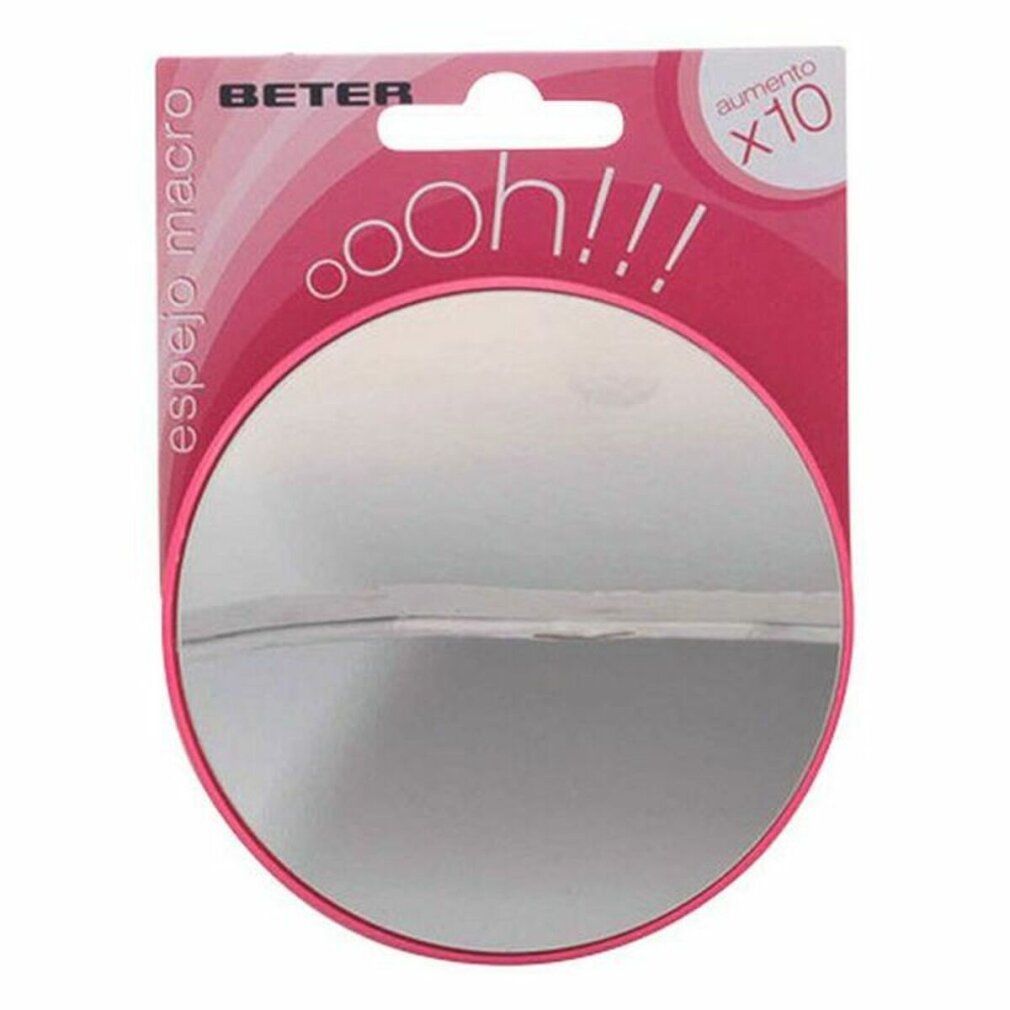 Specchio rotondo con ventosa, confezionato. Marchio Beter, confezione rosa con "ooh!!!" e "x10".