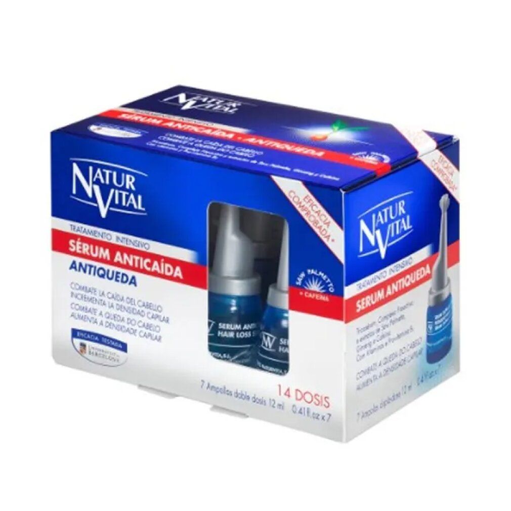 Confezione blu e bianca con fiale. Testo: Naturvital, Sérum Anticaída, 14 dosi. Fiale visibili.