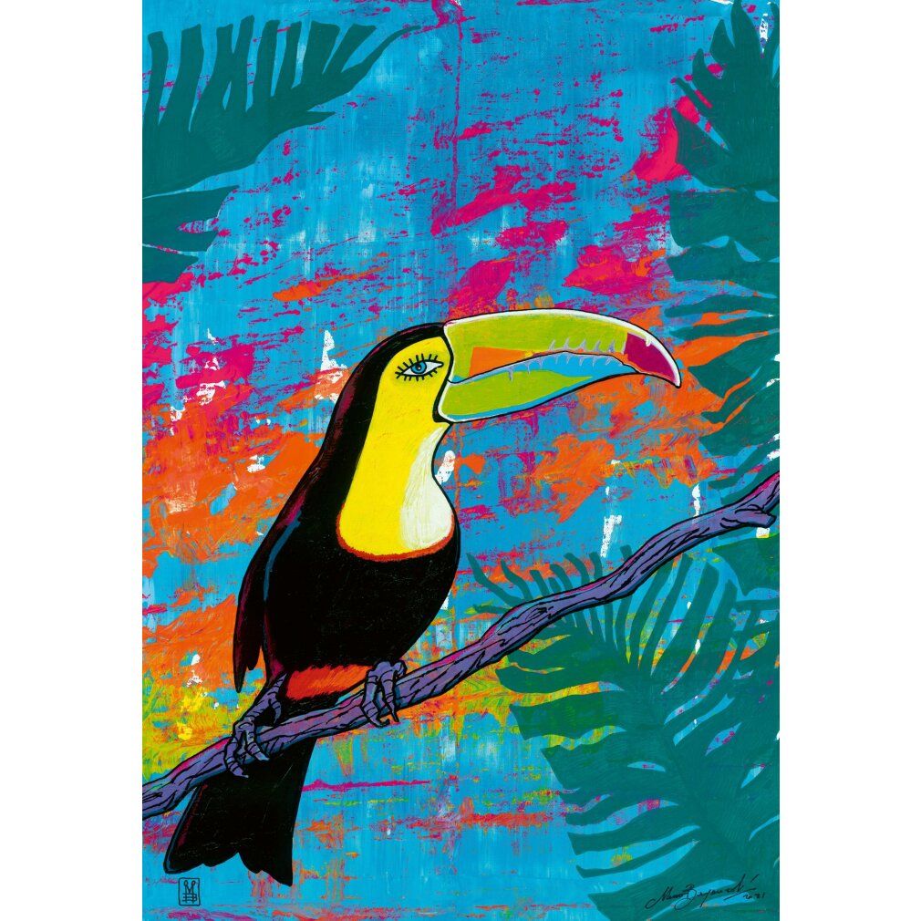 Illustrazione di un tucano colorato su un ramo, su sfondo astratto. Foglie sullo sfondo.