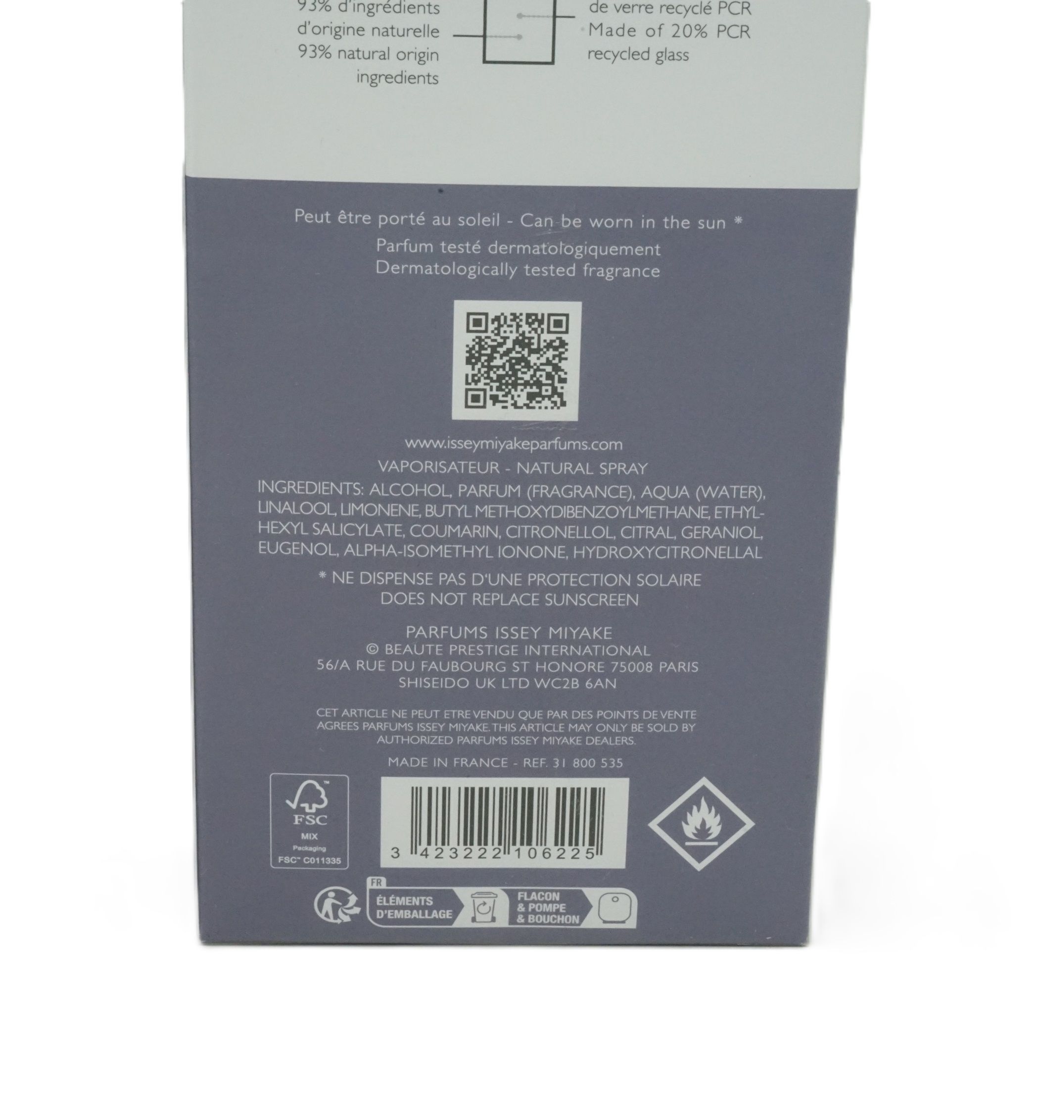 Retro della confezione. Testo: ingredienti, indirizzo del produttore, codice QR, simboli di riciclaggio, avvertenze.