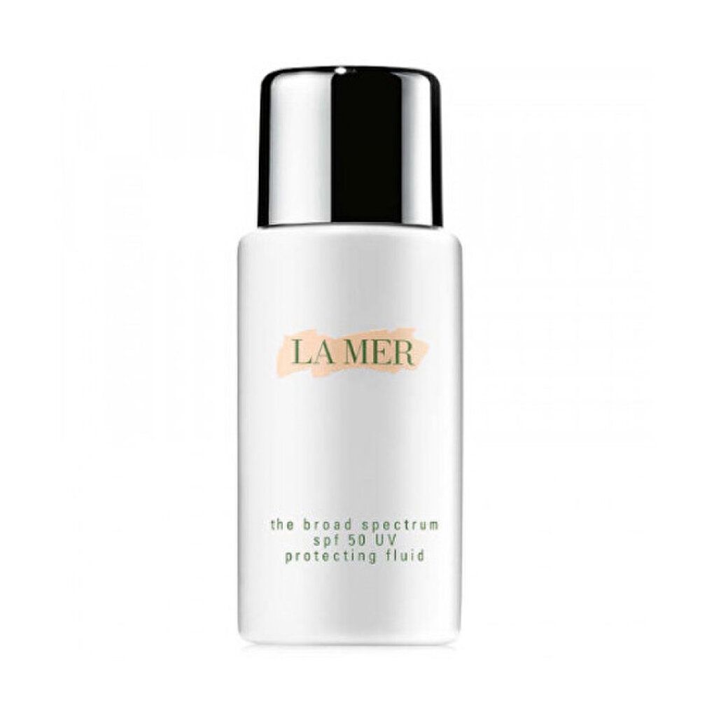 Flacone bianco con tappo argentato. Scritta: LA MER, the broad spectrum spf 50 UV protecting fluid.
