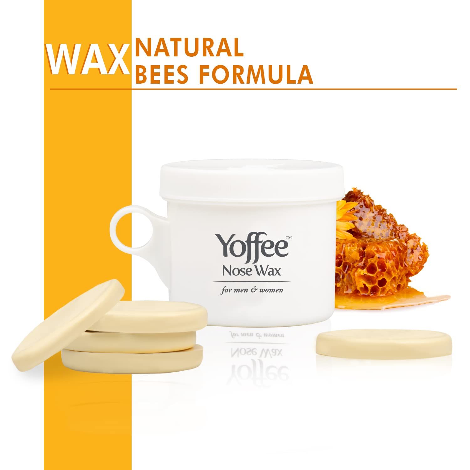 Barattolo di cera, dischetti di cera e favo. Nome prodotto: Yoffee Nose Wax. Scritta: Natural Beeswax Formula.