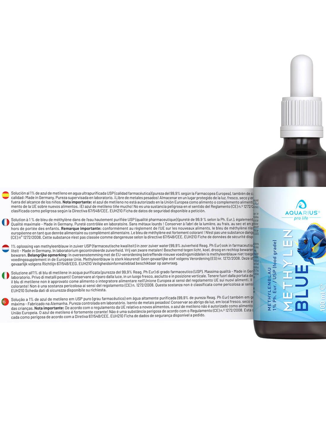Flacone con contagocce ed etichetta con testo multilingue. Scritta: METHYLEN BLUE, AQUARIUS pro life. 100 ml.