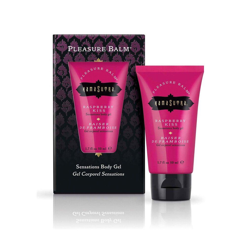 Kamasutra Pleasure Balm Lampone Gel Corpo Sensazioni in tubo e scatola rosa.
