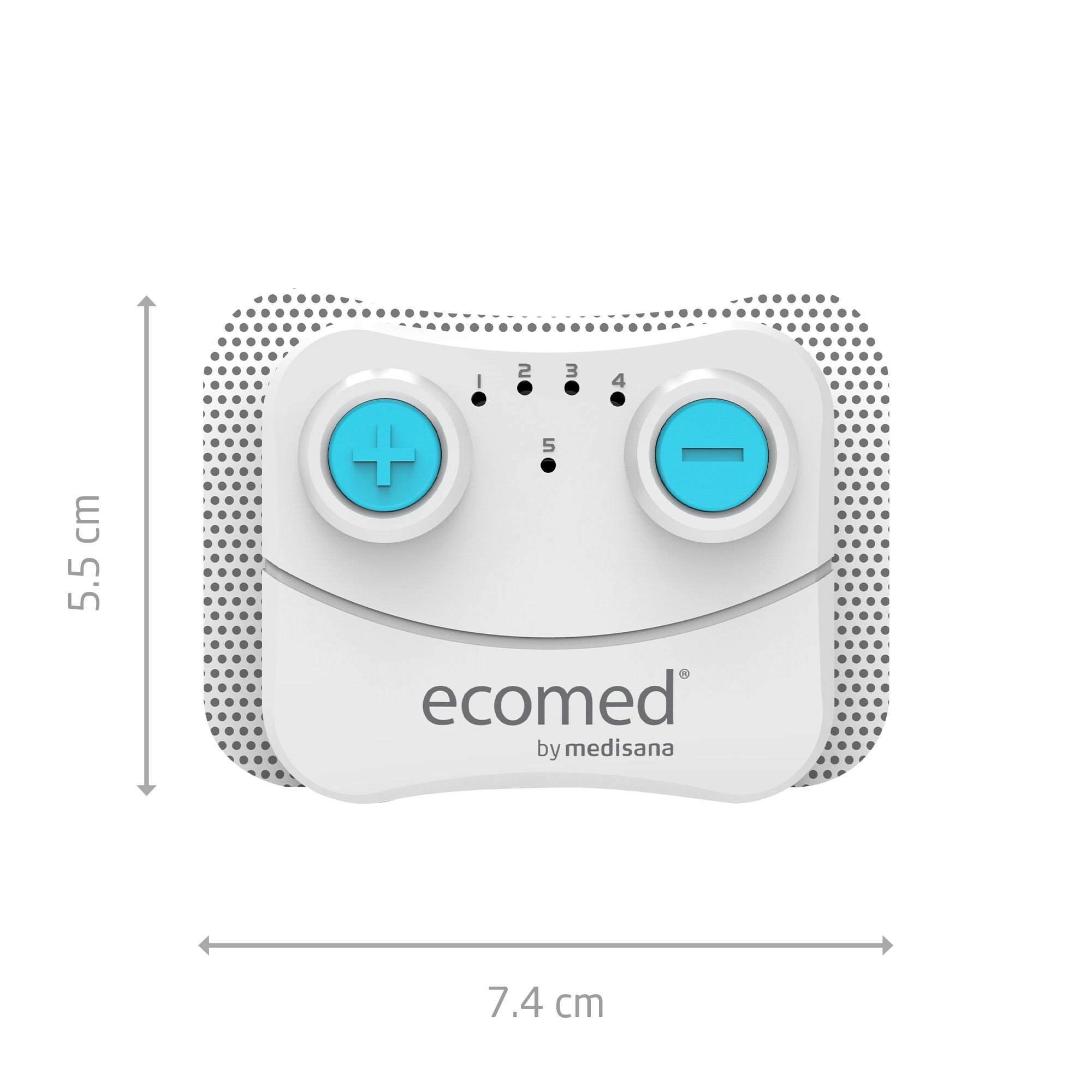 Dispositivo TENS Ecomed by medisana, largo 7.4 cm e alto 5.5 cm, con due controlli blu.