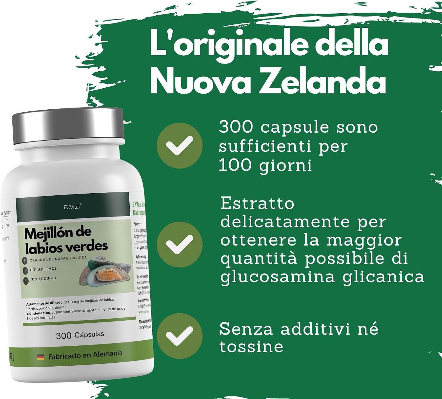 Flacone di prodotto con 300 capsule. Testo: L'originale della Nuova Zelanda. Senza additivi né tossine. Sfondo verde.