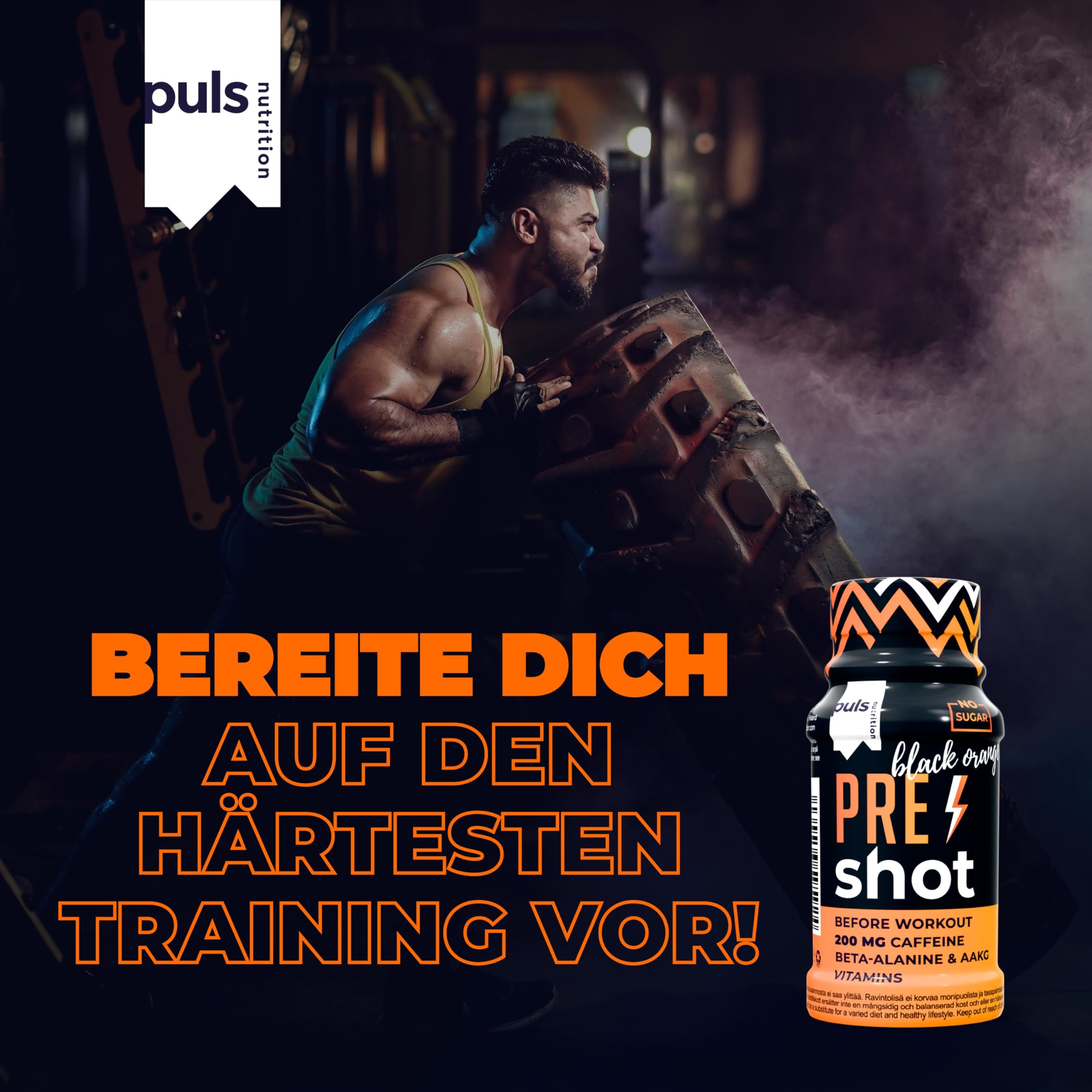 Uomo solleva pesi, accanto Puls Nutrition Pre Workout Shot Black Orange.
