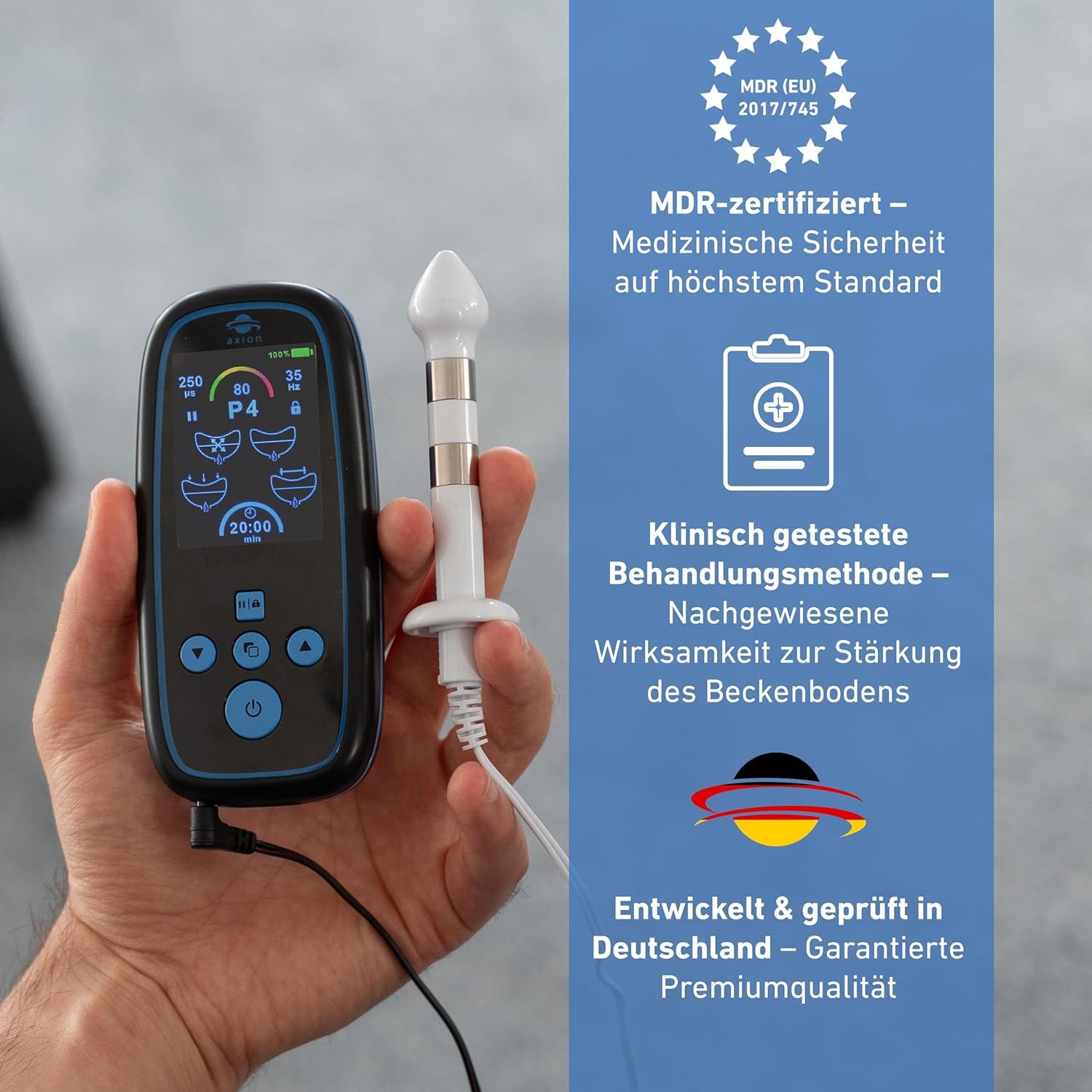 Dispositivo axion® I-3000 e accessori. Certificazione medica. Testo sulla qualità.