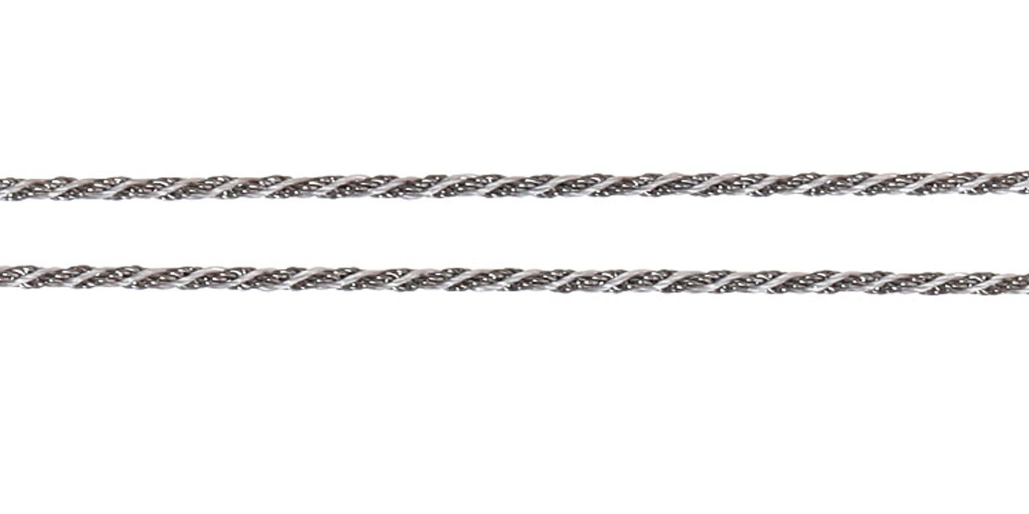 Primo piano di due cordini metallici ritorti paralleli. Argento con accenti più scuri.