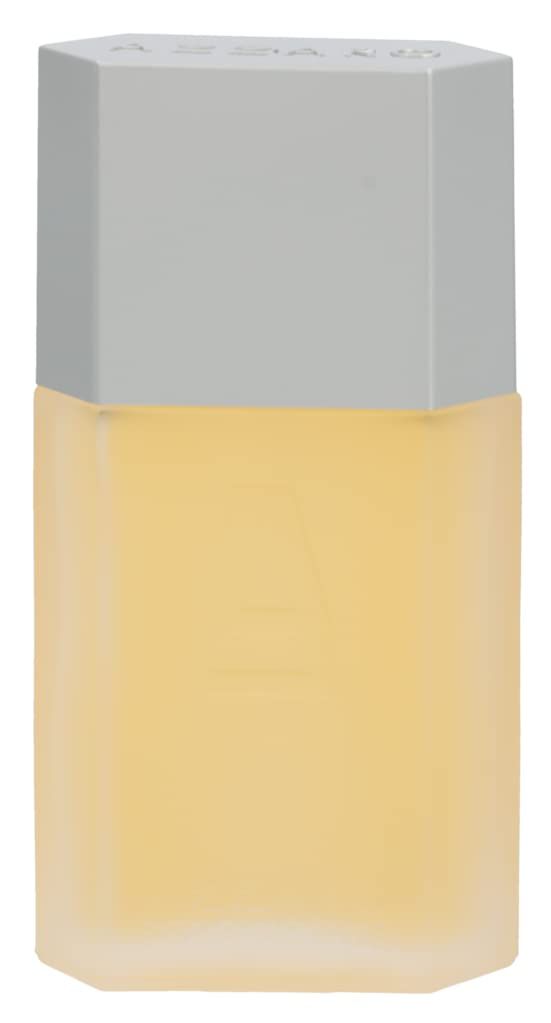 Flacone rettangolare Azzaro Pour Homme L'Eau. Tappo grigio. Liquido giallo. Logo inciso.