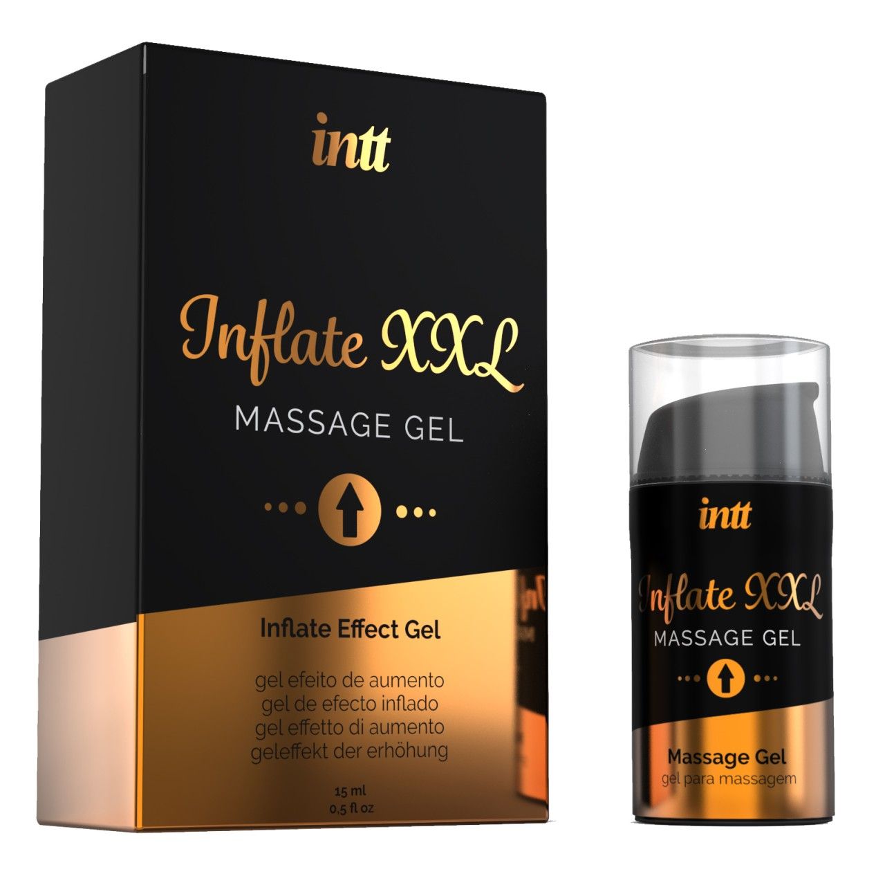 Flacone di gel massaggio INTT Inflate XXL accanto alla sua confezione.