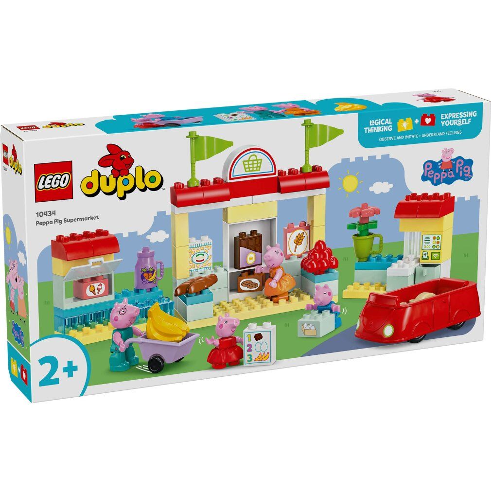 LEGO Duplo Supermercato di Peppa Pig. Set con personaggi, auto rossa, bancarella e accessori. Confezione con logo e indicazione età.