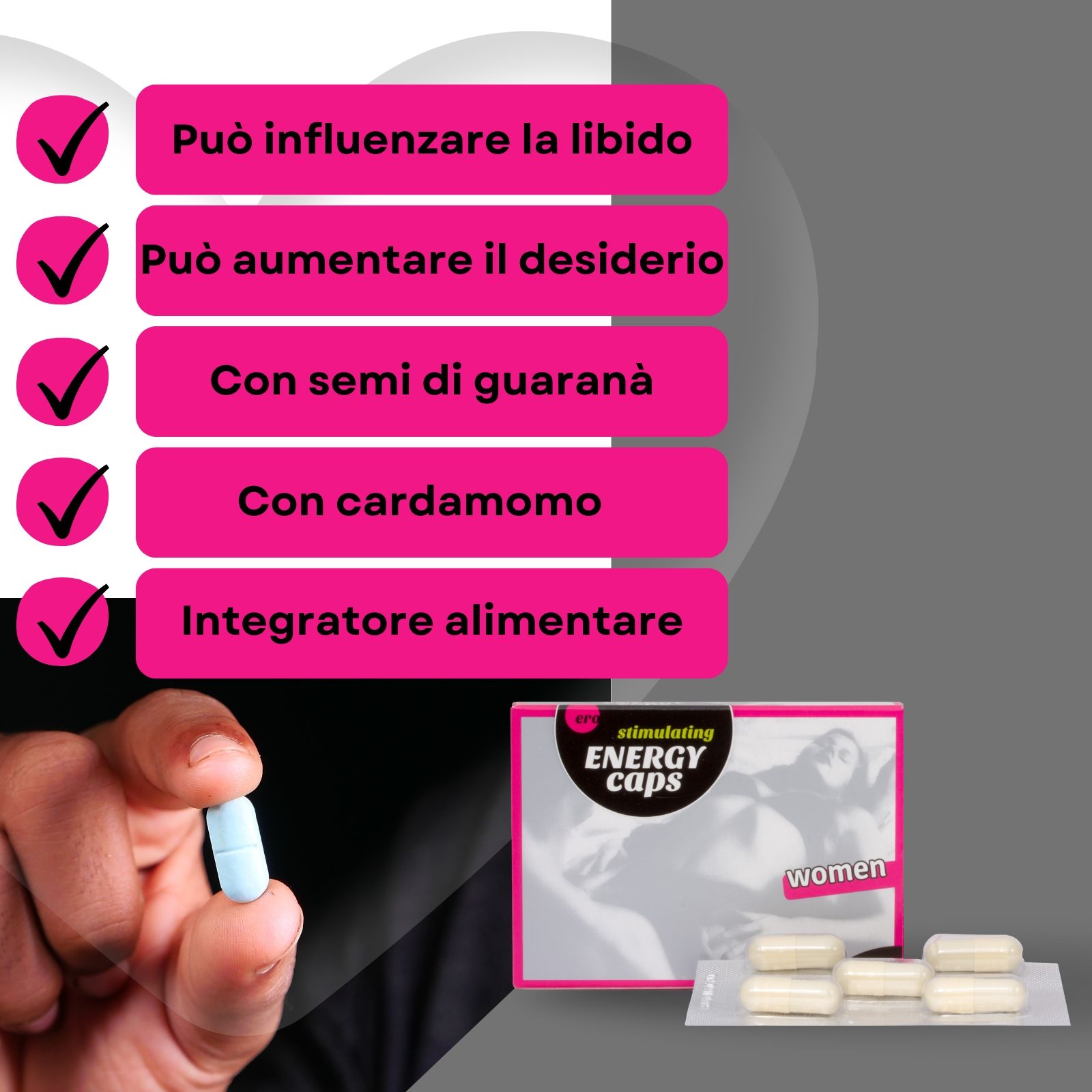 Mano che tiene una capsula blu. Confezione rosa con testo « Ero » e « Energy Caps ». Blister di capsule.
