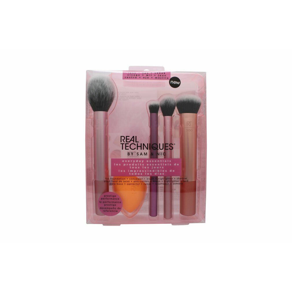 Set con cinque pennelli trucco e una spugna in confezione trasparente. Include pennelli per blush, fondotinta e ombretto.