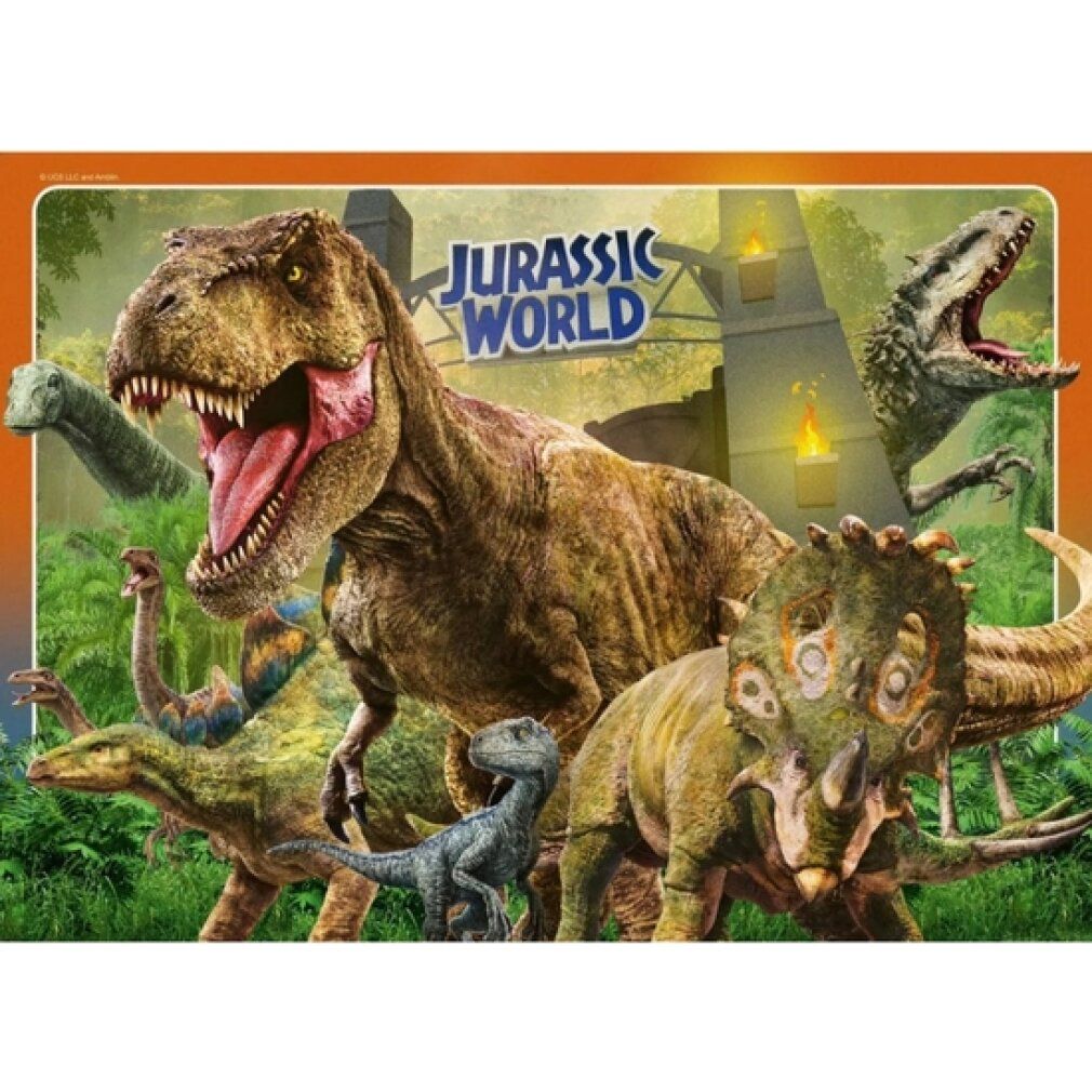 Puzzle con dinosauri. Un T-Rex con la bocca aperta domina la scena. Altri dinosauri sono visibili sullo sfondo.