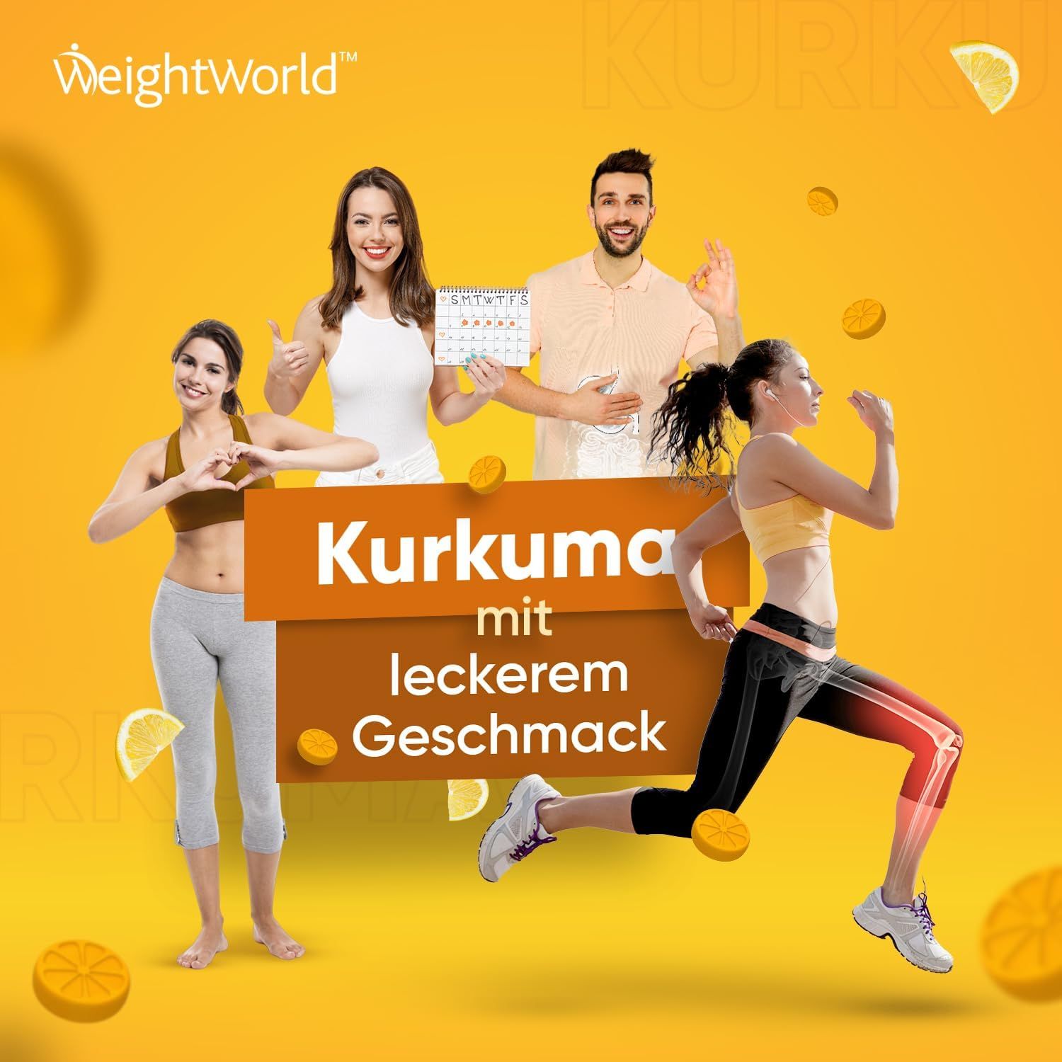 Pubblicità per caramelle gommose al curcuma. Persone mostrano pollici in su, calendario e corrono. Sfondo giallo.