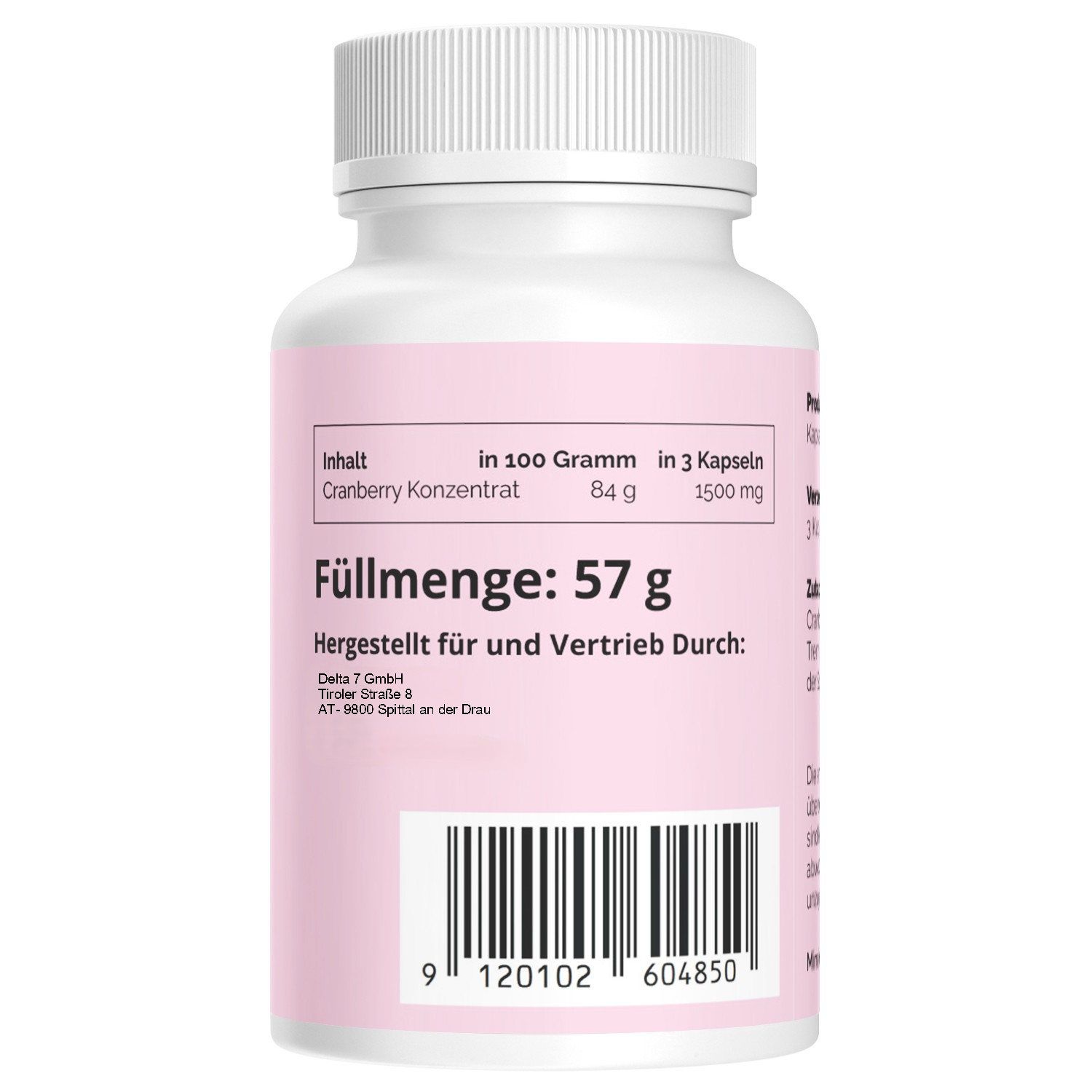 Retro di un flacone bianco. Etichetta rosa con quantità, informazioni del produttore e codice a barre. Testo in tedesco.