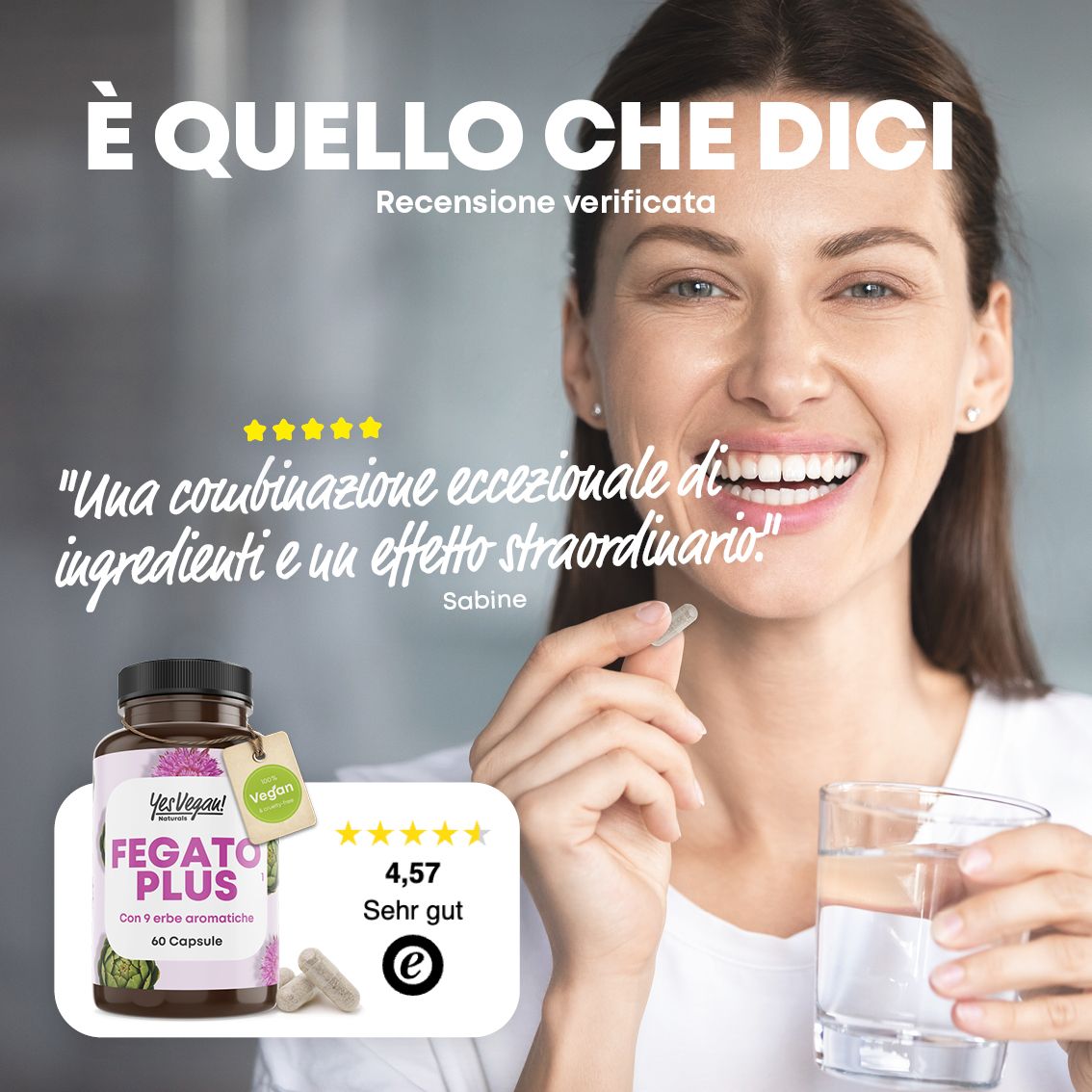 Donna sorridente con una capsula e un bicchiere d'acqua, accanto una bottiglia 'Fegato Plus' e una recensione cliente.