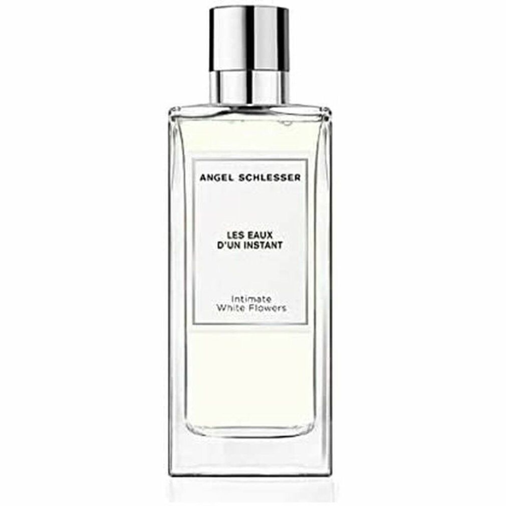Flacone rettangolare con tappo argentato. Scritta: Angel Schlesser, Les Eaux d'Un Instant, Intimate White Flowers.