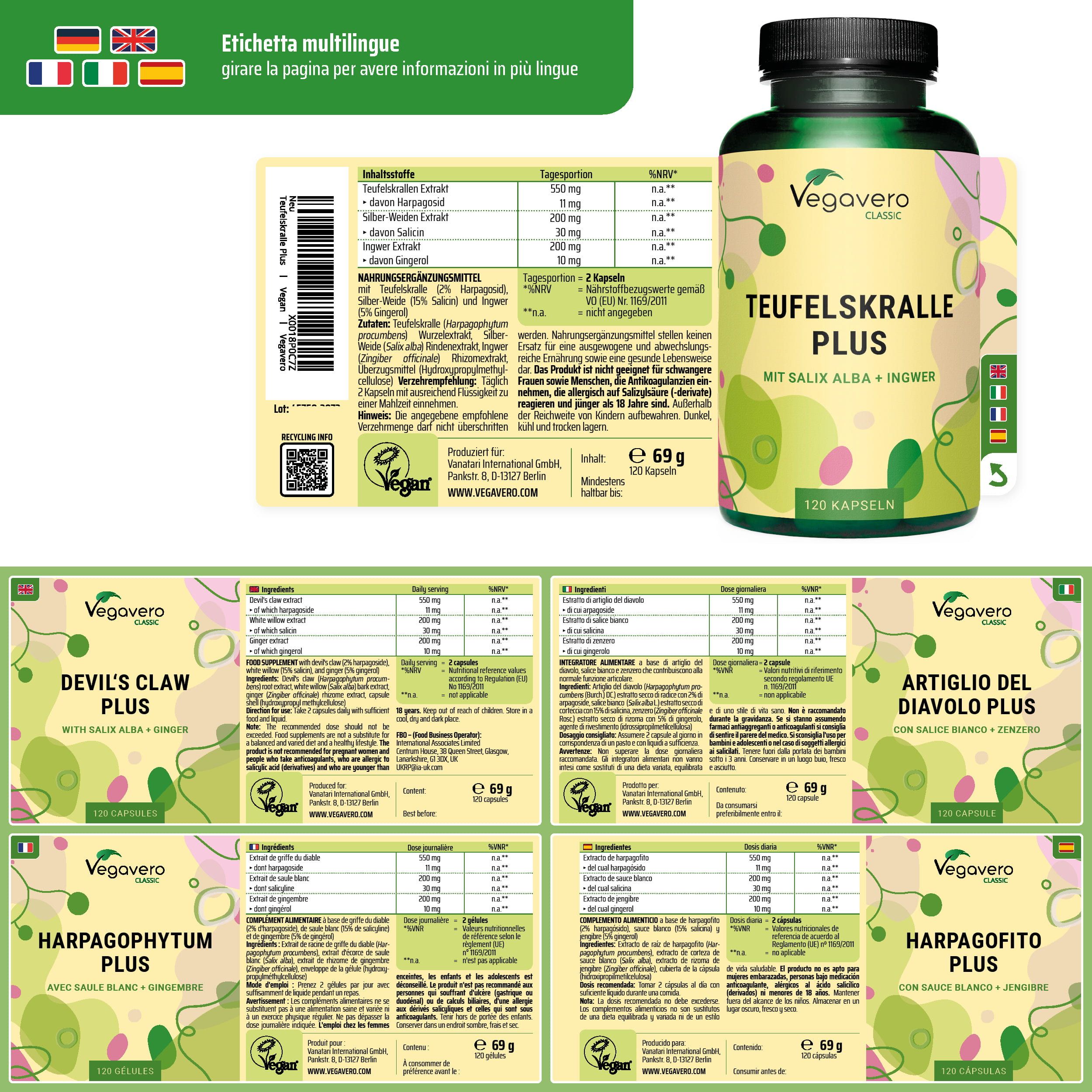 Etichette con informazioni in più lingue. Bottiglia VEGAVERO Teufelskralle Plus.