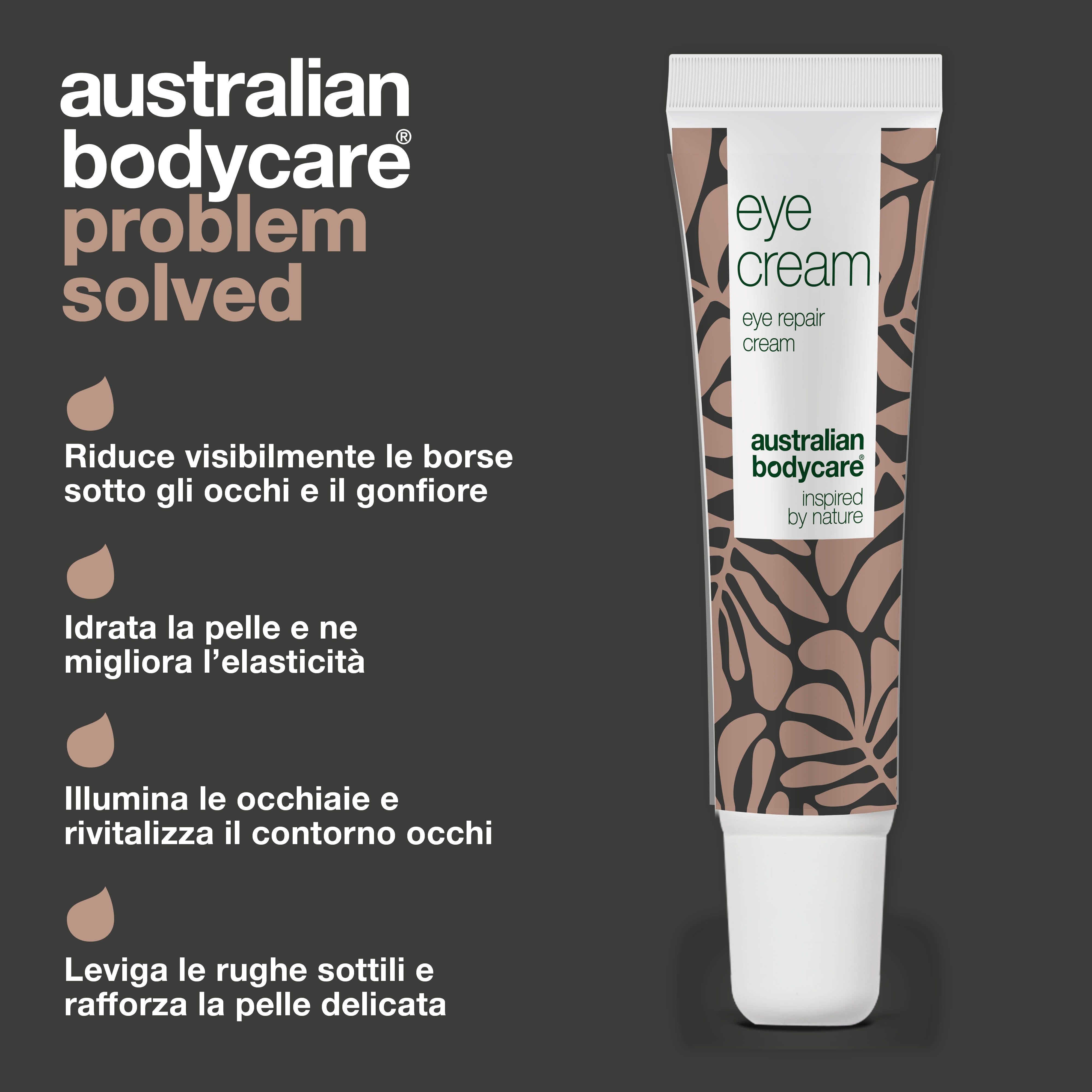 Annuncio: Australian Bodycare. Tubo crema occhi. Testo: Riduce borse, idrata, illumina, leviga.