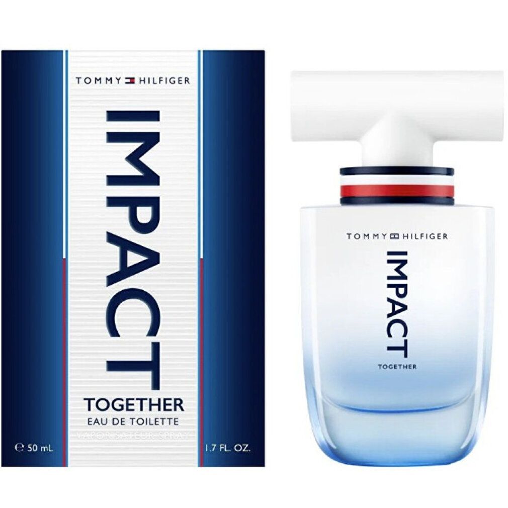 Flacone di profumo e confezione. Flacone azzurro chiaro, tappo bianco. Confezione blu con testo bianco. Scritta IMPACT TOGETHER.