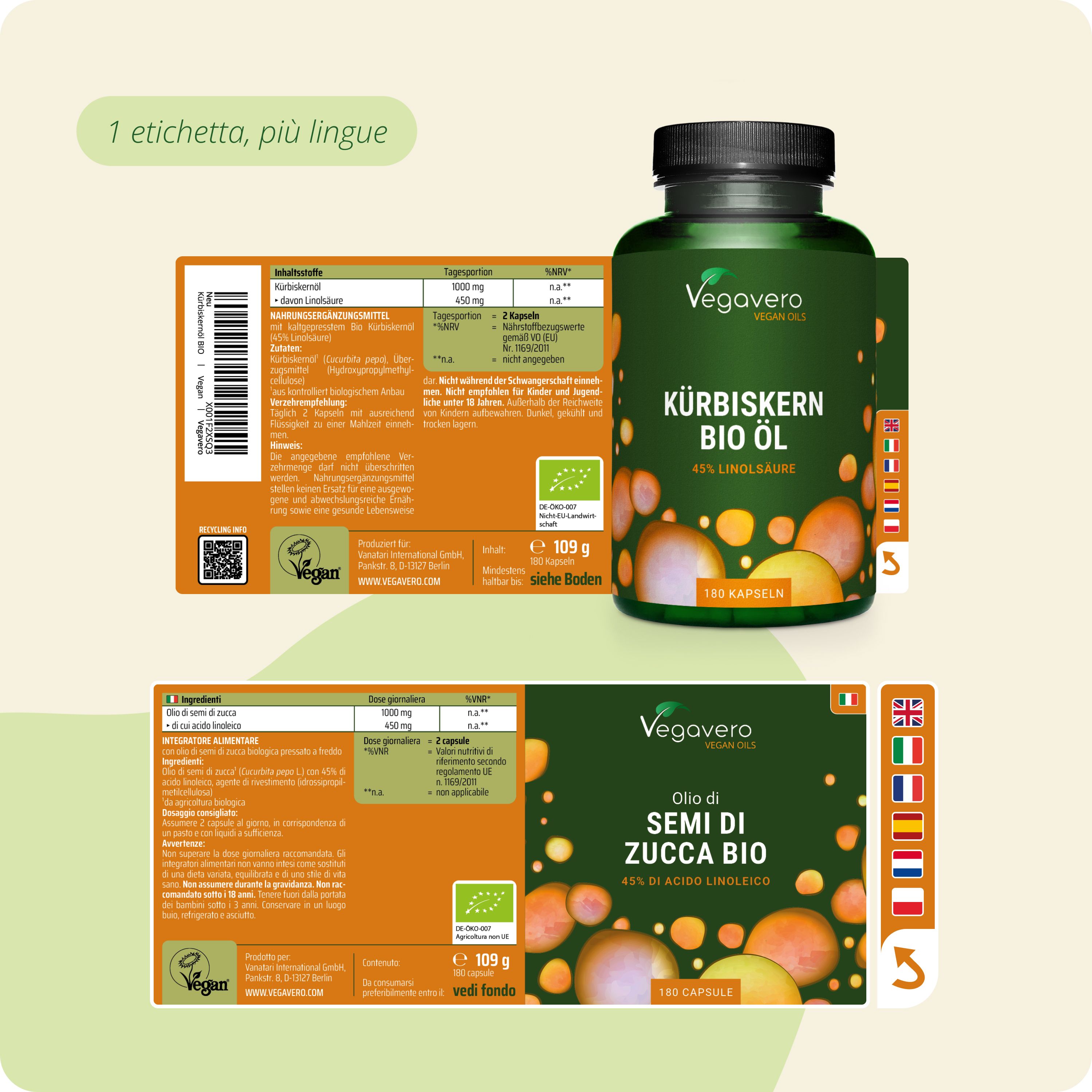 Olio di semi di zucca BIO Vegavaro: Bottiglia ed etichetta con informazioni multilingue, sigillo biologico e logo vegan.