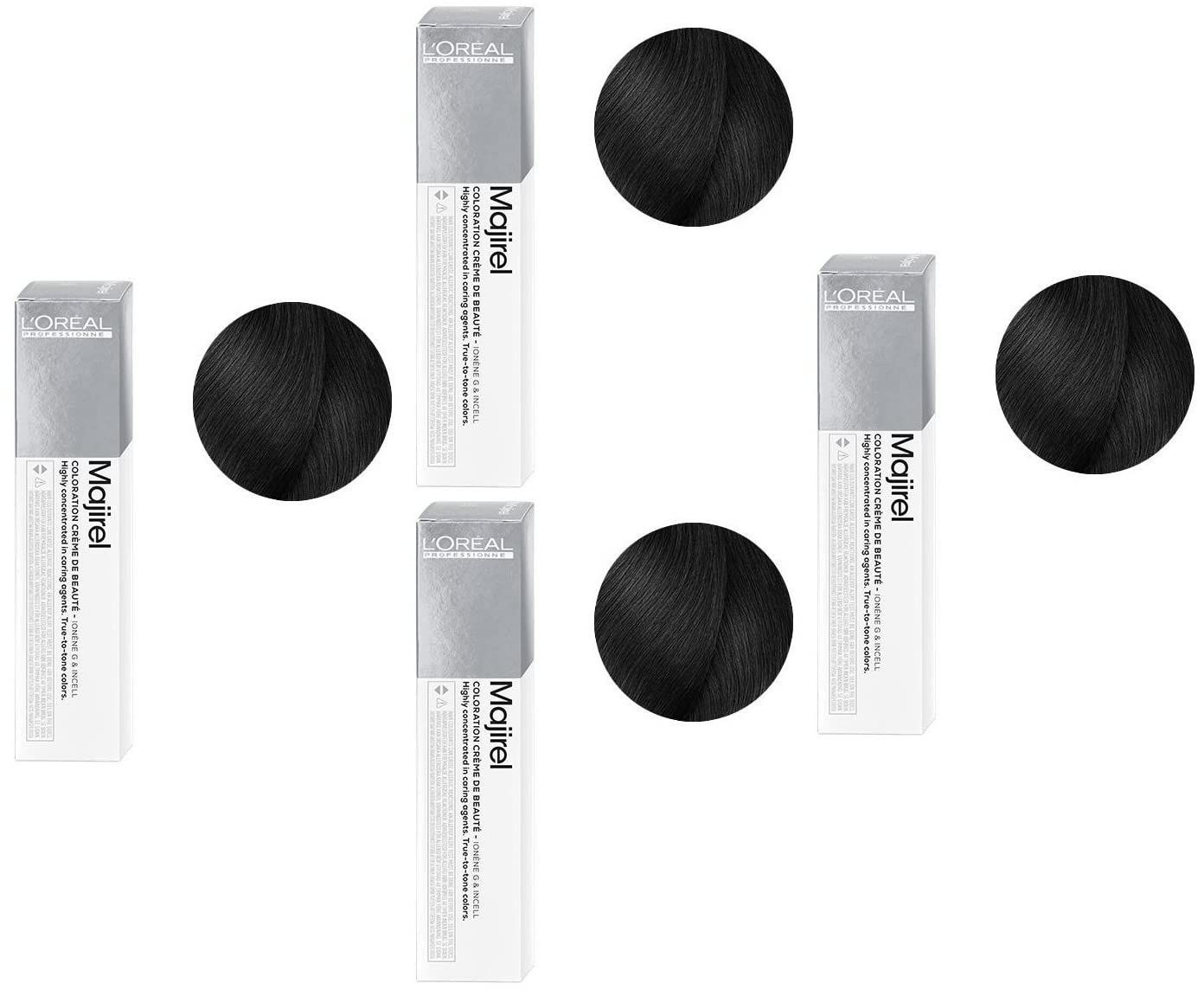 Diverse confezioni di L'Oréal Professionnel Majirel N° 3 Castano Scuro e campioni di colore marrone scuro. Confezione con nome del prodotto.
