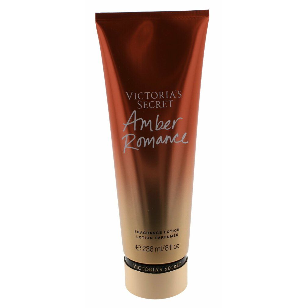 Lozione per il corpo Victoria's Secret Amber Romance. Tubo marrone con nome del prodotto e del marchio. Chiusura nera.