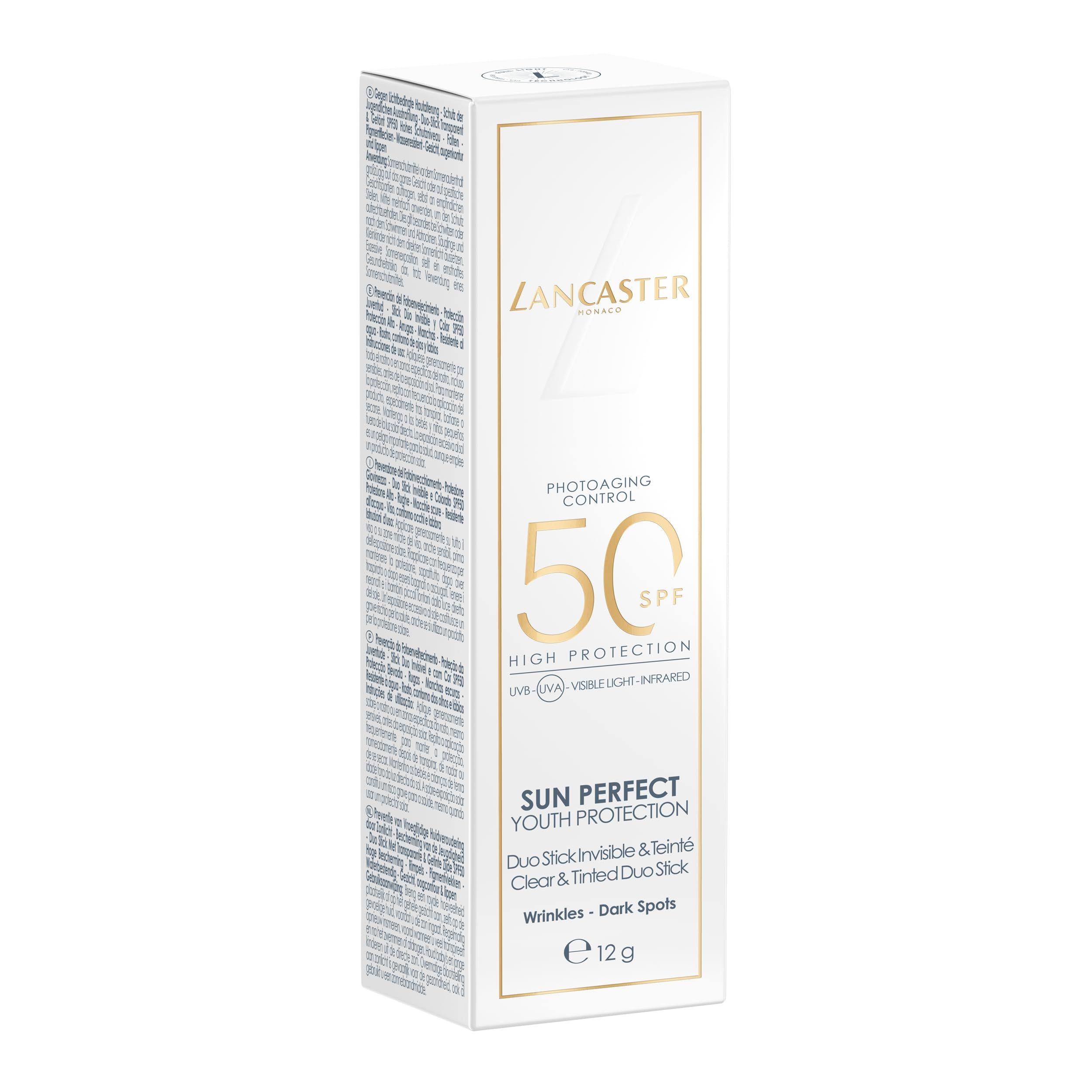 Confezione bianca con scritte: Lancaster, 50 SPF, Sun Perfect, Duo Stick. Contiene informazioni e testo.
