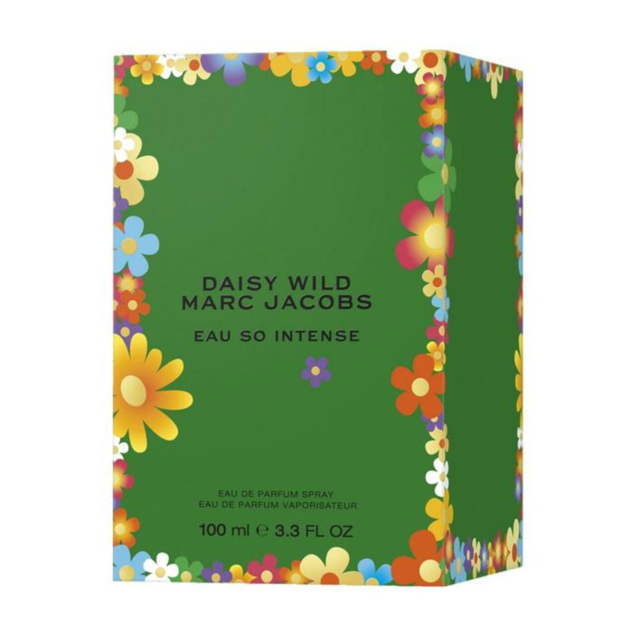 Scatola verde con motivo floreale. Scritta: Daisy Wild, Marc Jacobs, Eau So Intense.