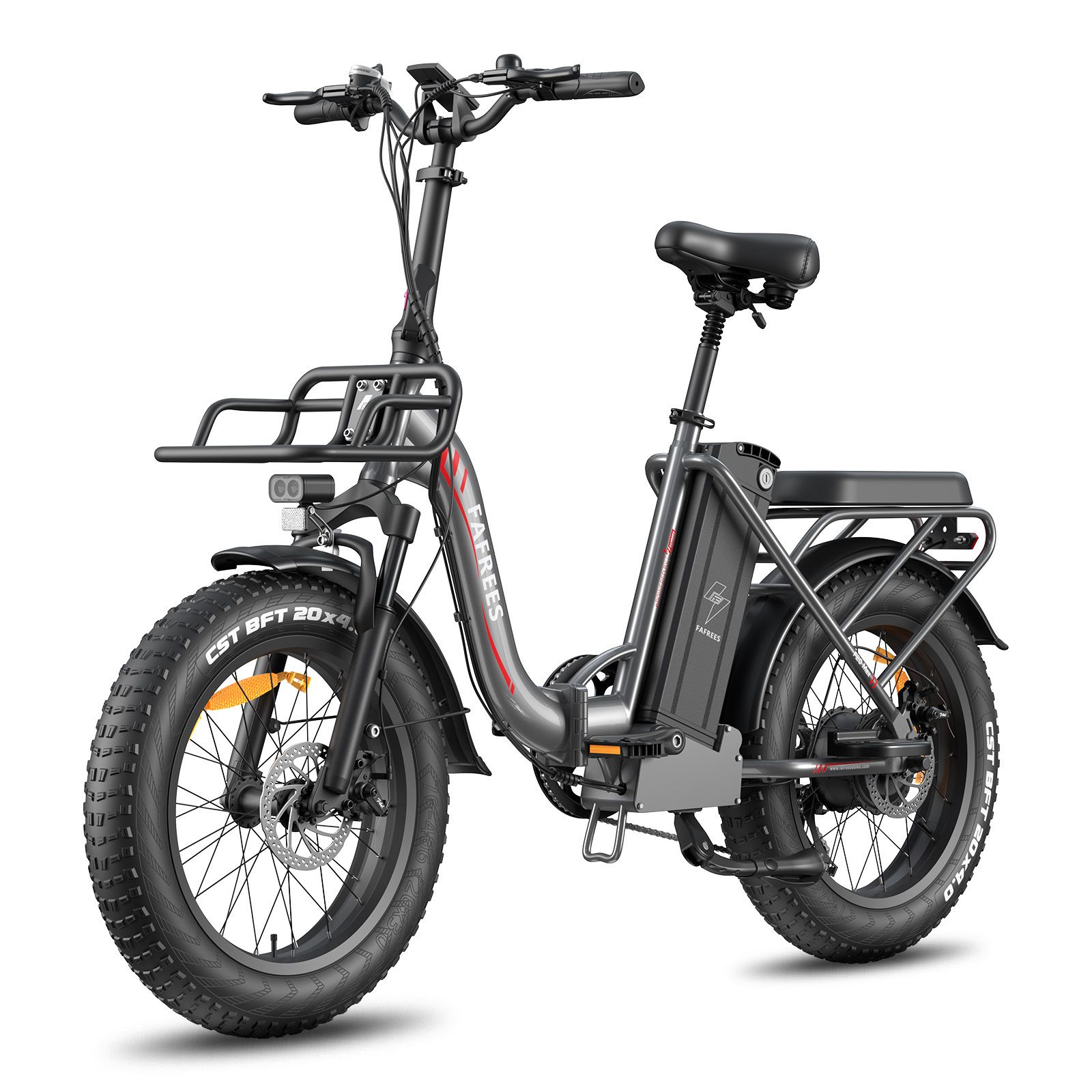 E-bike pieghevole con pneumatici larghi, portapacchi, cestino anteriore e faro. Batteria sul telaio. Marchio FAFREES.